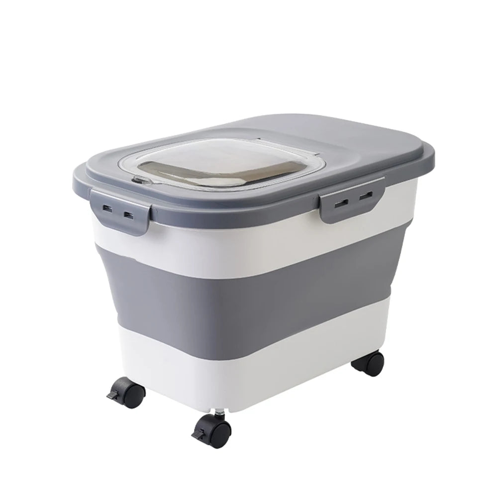 Airtight pet food container with wheels, ideal for large bags of dog or cat food.