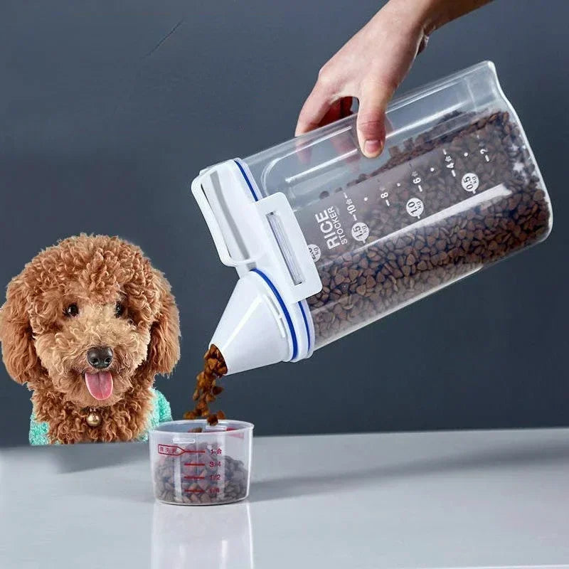 Airtight pet food storage container with included scoop, ideal for dog or cat food, 33-quart capacity