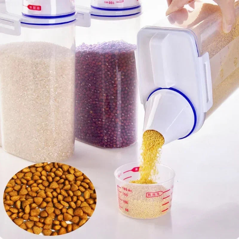 White airtight pet food storage container with scoop, perfect for keeping pet food fresh and organized