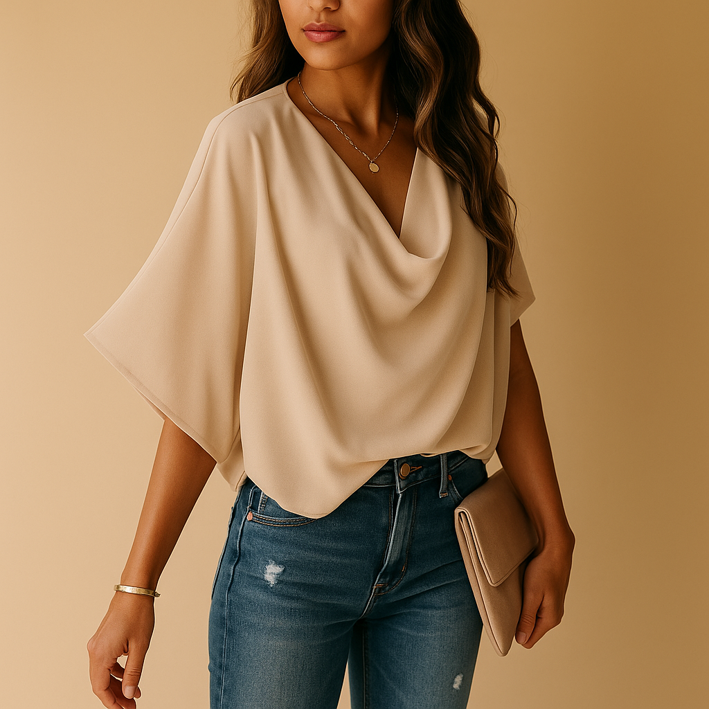 Flowy batwing sleeve blouse for women, a comfortable v-neck top with an effortless, elegant silhouette.