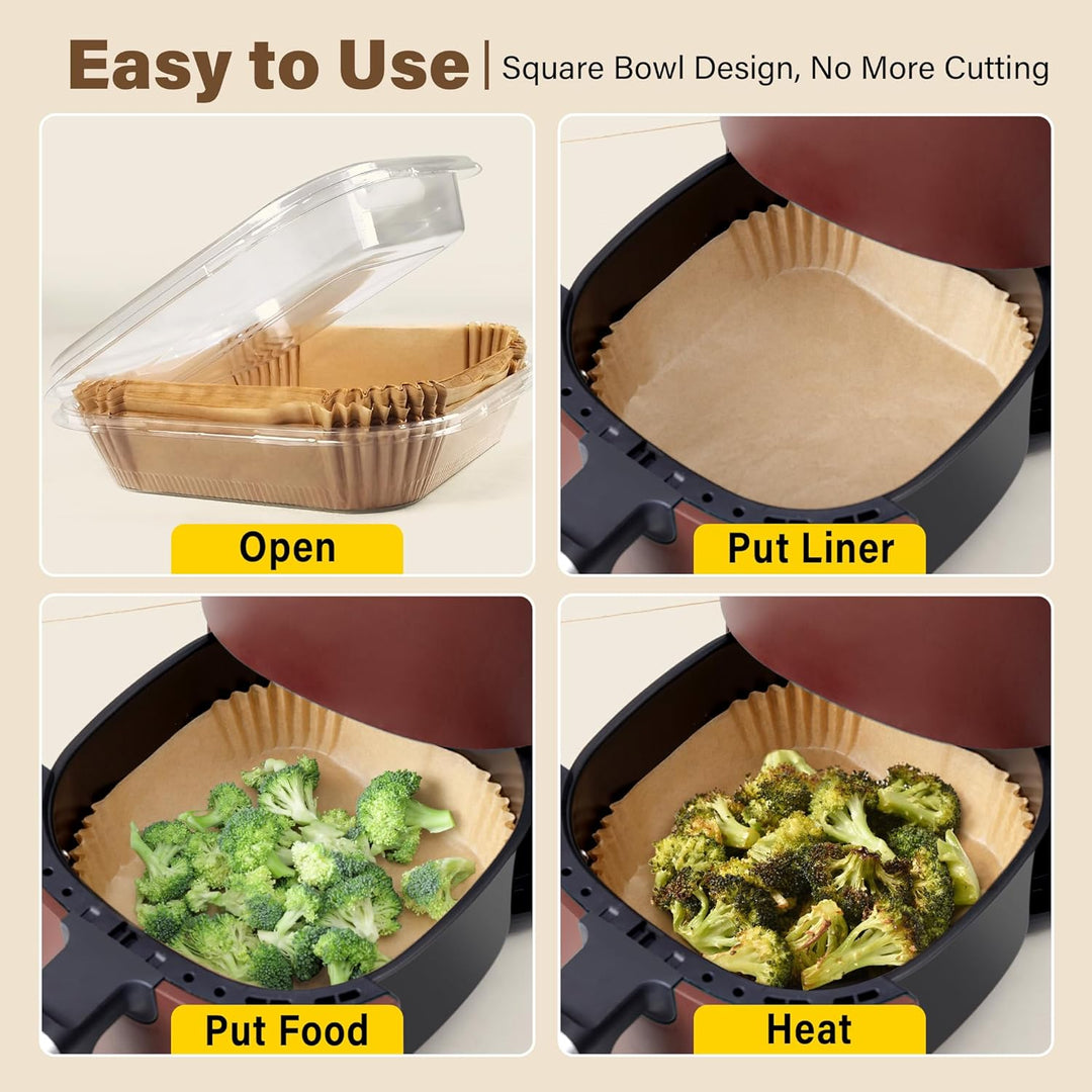 Air fryer cooking with non-stick liners for effortless food release.