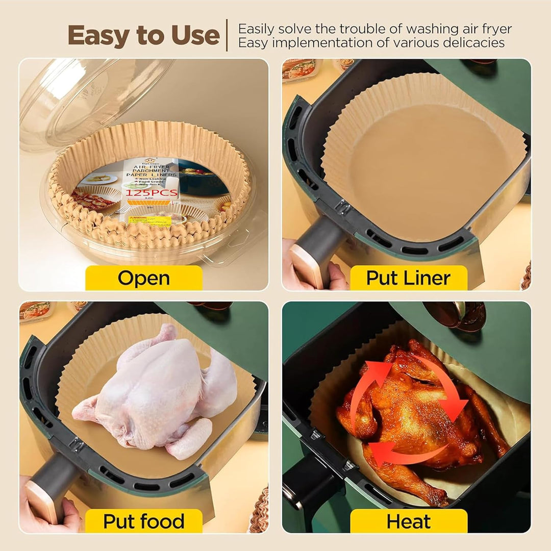 Greaseless cooking with disposable parchment air fryer liners.