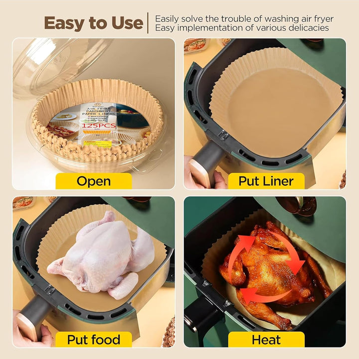 Greaseless cooking with disposable parchment air fryer liners.