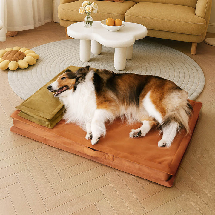 Orthopedic dog bed, soft faux fur, anti-anxiety deep sleep design.