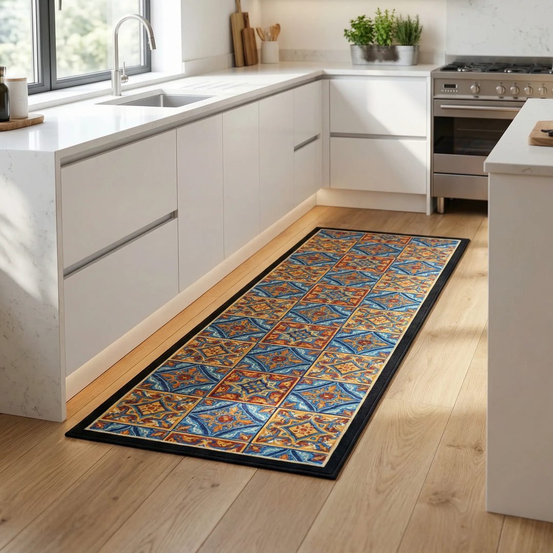 Anti-slip kitchen runner rug, cushioned, with stylish tile pattern. Long & durable floor mat for kitchens.
