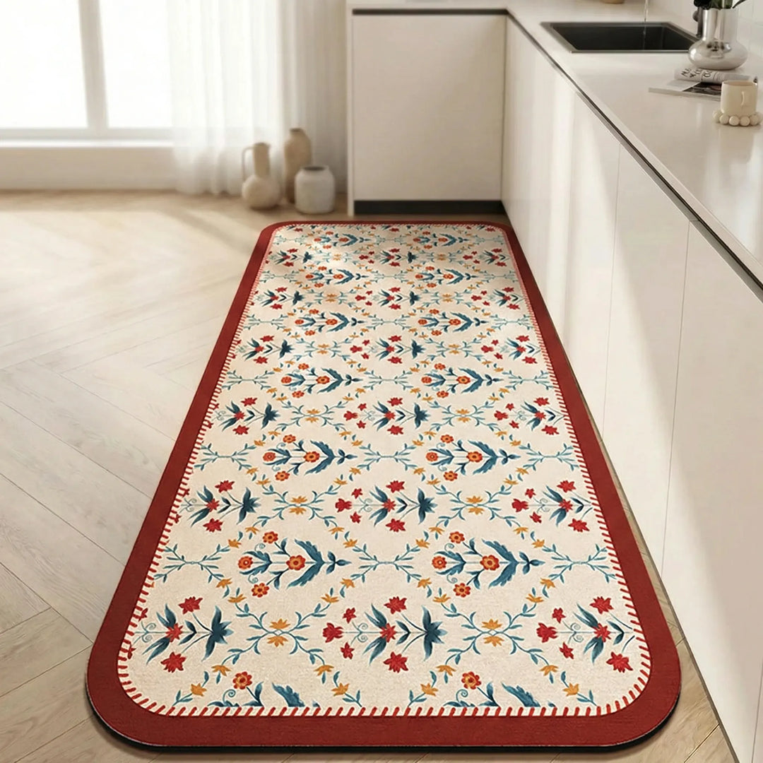 Durable anti-slip kitchen runner rug, cushioned for long-lasting comfort. Easy-clean tile pattern floor mat.