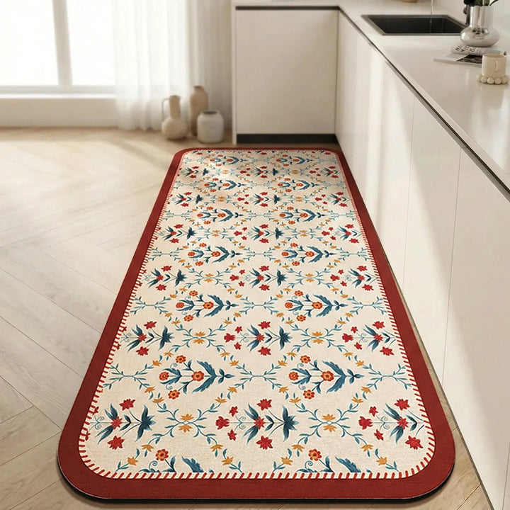 Durable anti-slip kitchen runner rug, cushioned for long-lasting comfort. Easy-clean tile pattern floor mat.