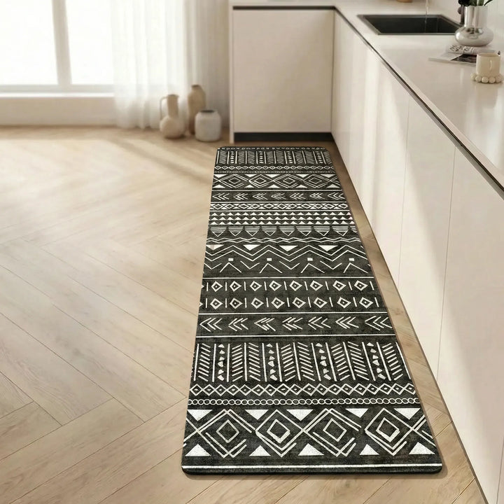 Elegant tile pattern kitchen runner rug, anti-slip & cushioned. Long floor mat for stylish and safe kitchen decor.