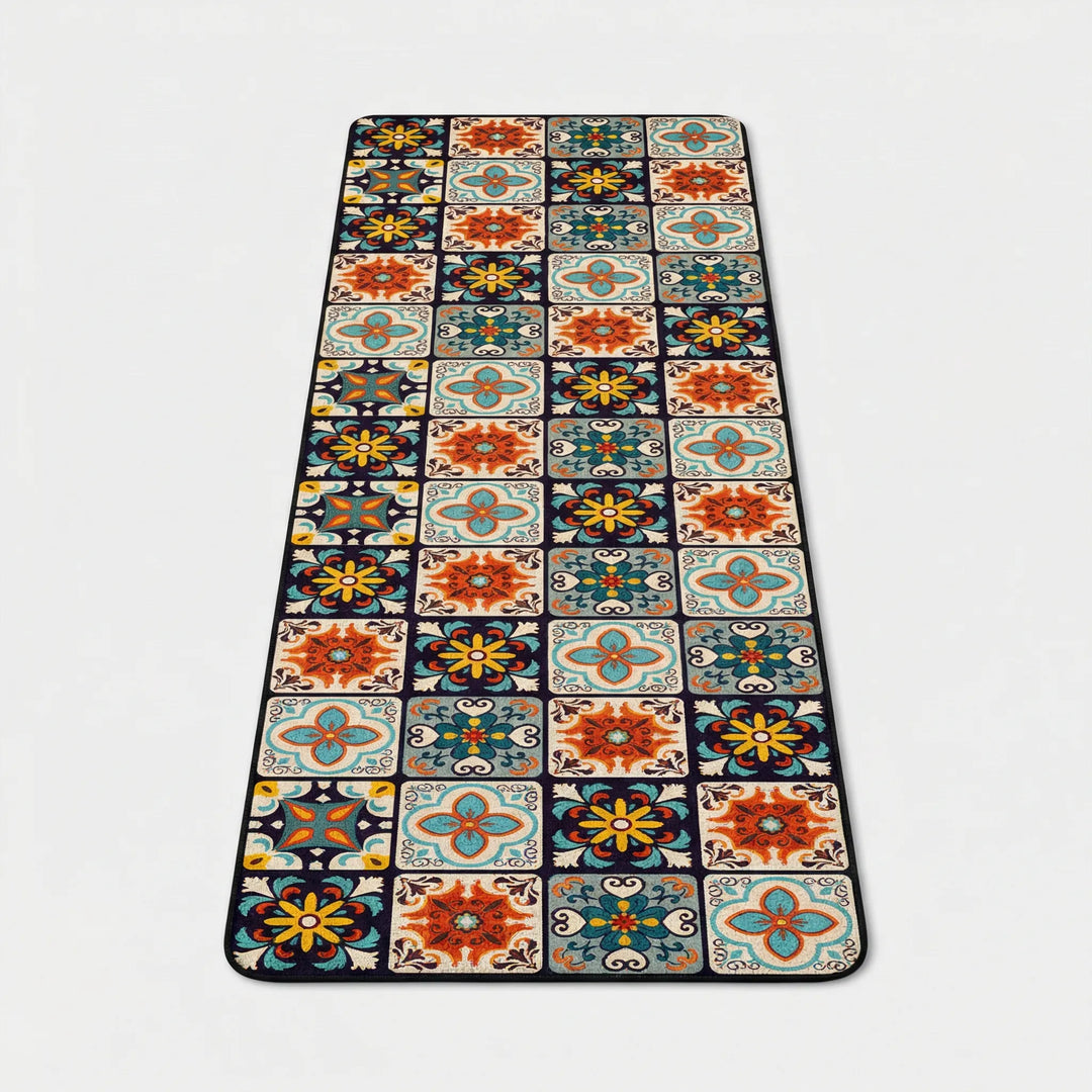 Cushioned anti-slip kitchen runner rug, easy clean, for comfort & safety. Stylish tile pattern long floor mat.