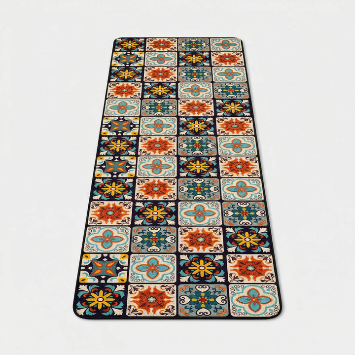 Cushioned anti-slip kitchen runner rug, easy clean, for comfort & safety. Stylish tile pattern long floor mat.