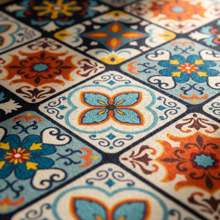 Durable anti-slip kitchen runner rug with modern tile pattern. Long, cushioned floor mat for busy kitchens.