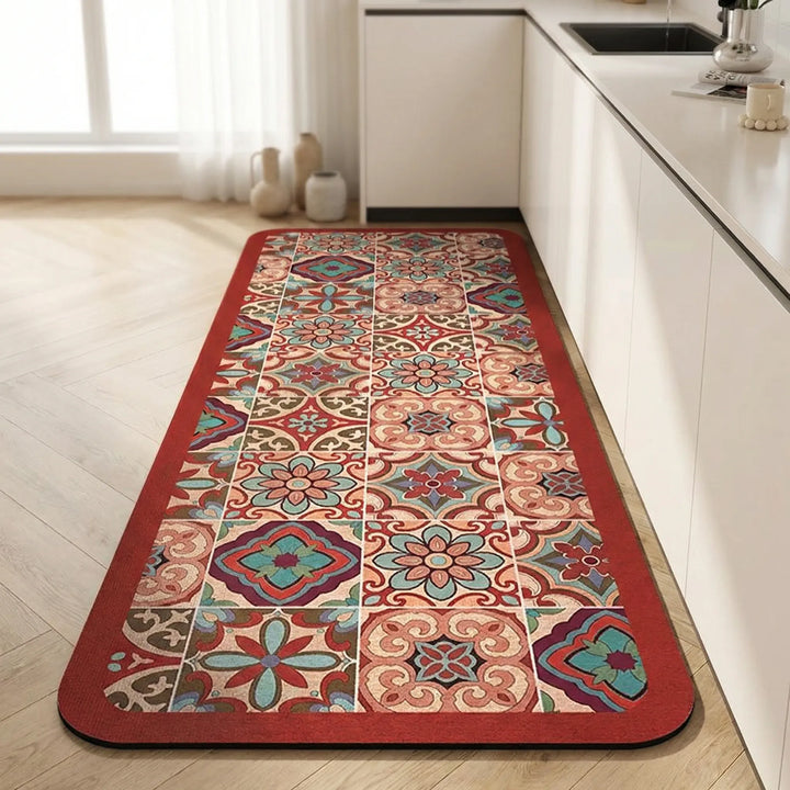 Long anti-slip kitchen runner for floor protection & comfort. Cushioned, easy-clean tile pattern kitchen rug.