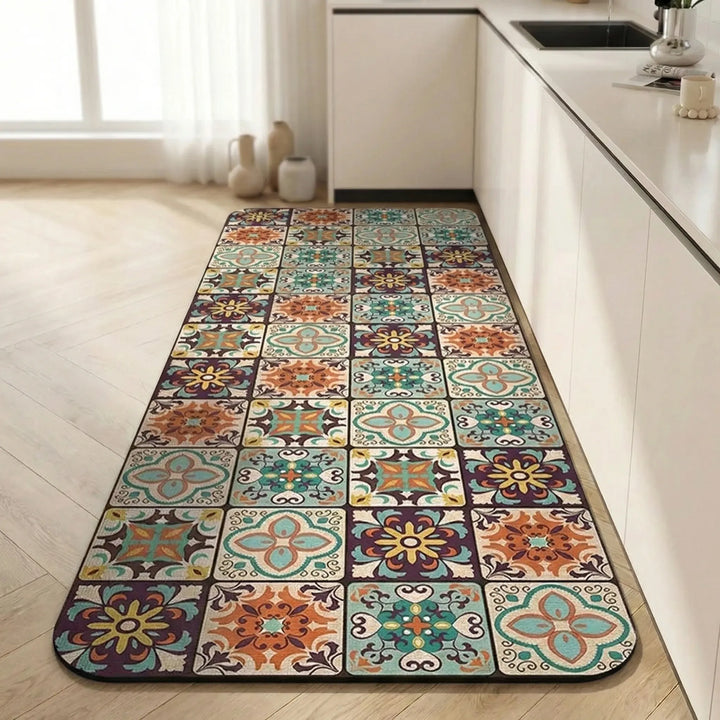 Stylish kitchen runner rug with tile pattern, anti-slip & cushioned. Enhances kitchen decor, durable floor mat.