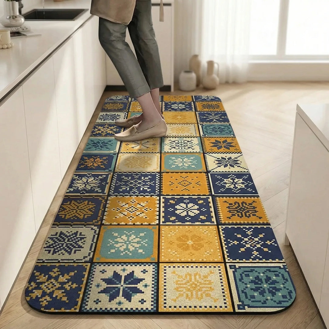 Anti-slip, cushioned kitchen runner rug provides safety & comfort. Durable, easy-clean long floor mat with tile pattern.