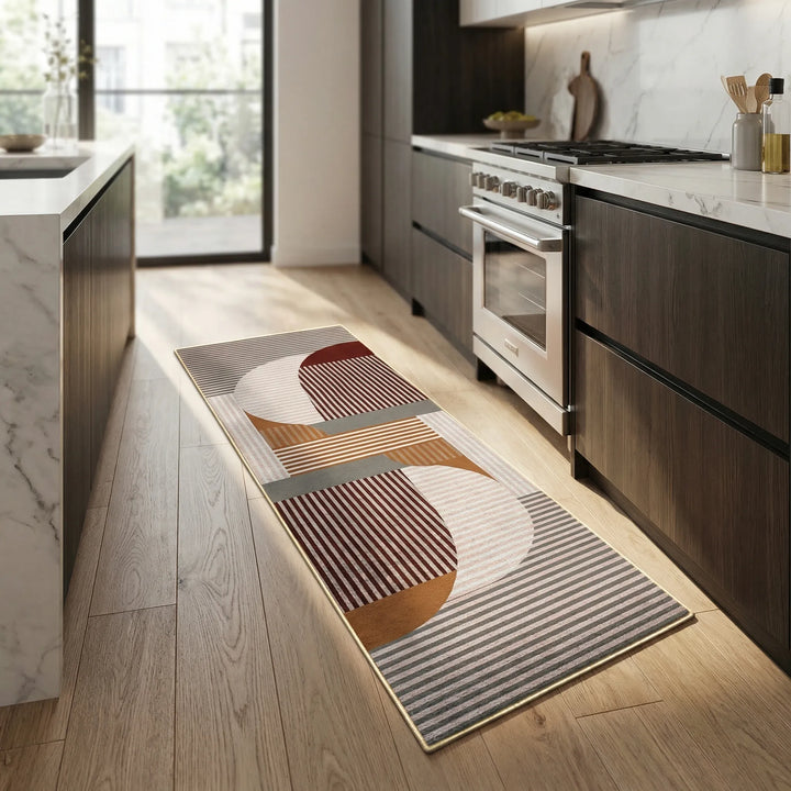 Soft cushioned kitchen runner rug, anti-slip backing, tile pattern. Long, durable & easy clean floor mat.