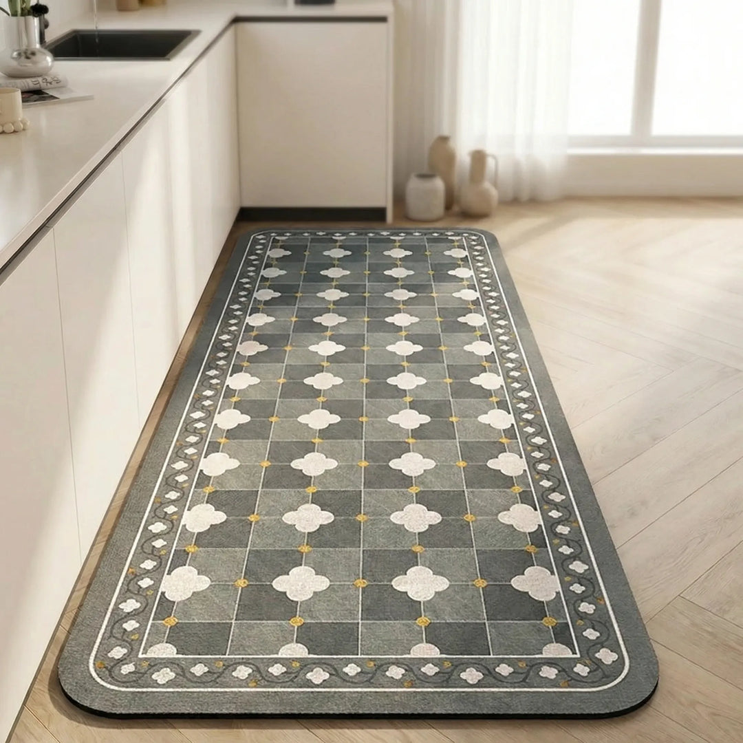 Essential kitchen accessory: anti-slip runner rug. Cushioned, tile pattern, long floor mat for comfort & style.