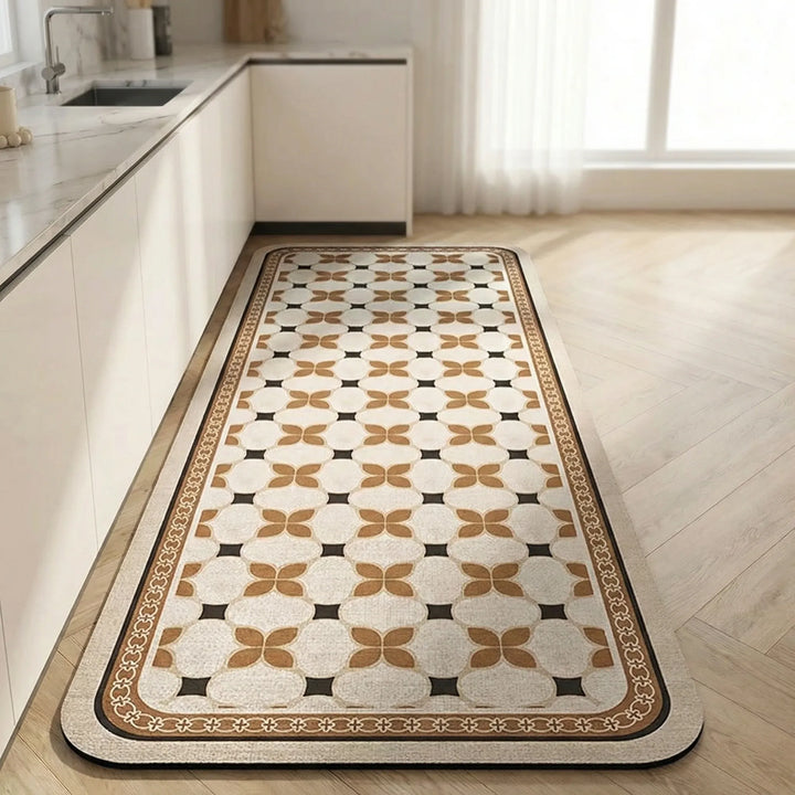 Easy-clean anti-slip kitchen runner rug with cushioned comfort. Durable, long floor mat featuring a modern tile pattern.