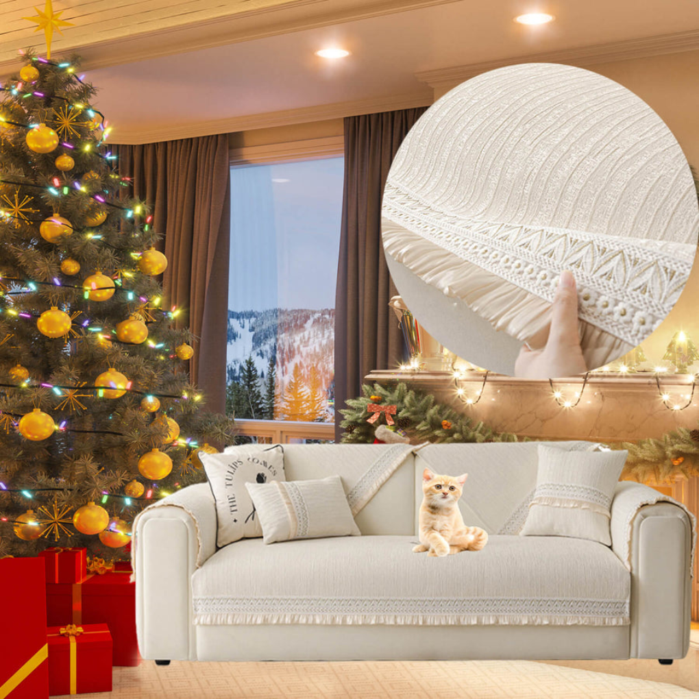 Anti-slip sectional sofa cover with decorative tassels, protecting furniture and enhancing living room decor.