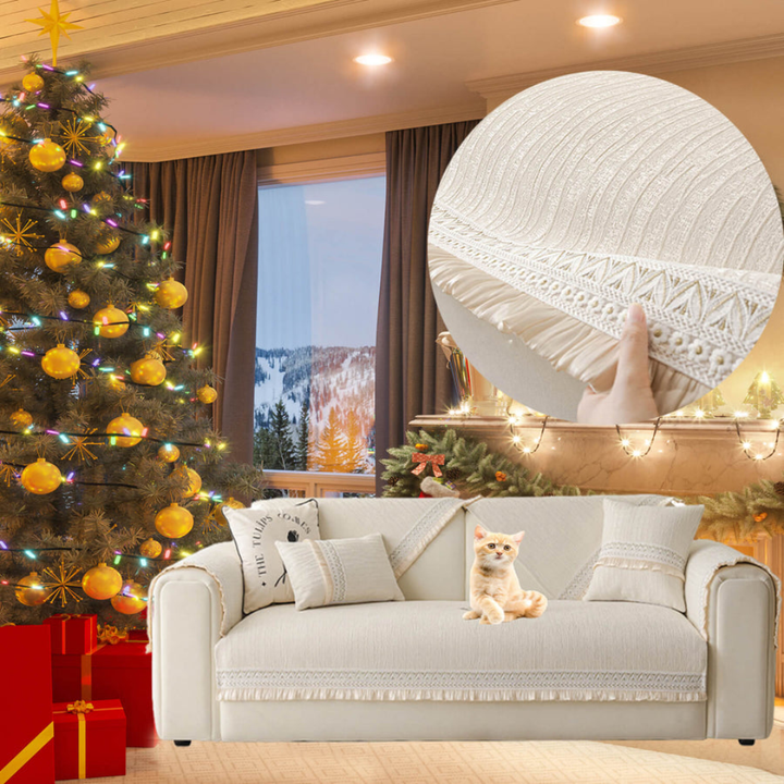 Anti-slip sectional sofa cover with decorative tassels, protecting furniture and enhancing living room decor.