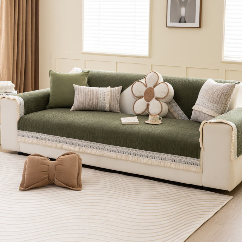 Stretch fabric anti-slip sectional cover with beautiful tassels, a functional and decorative furniture protector.