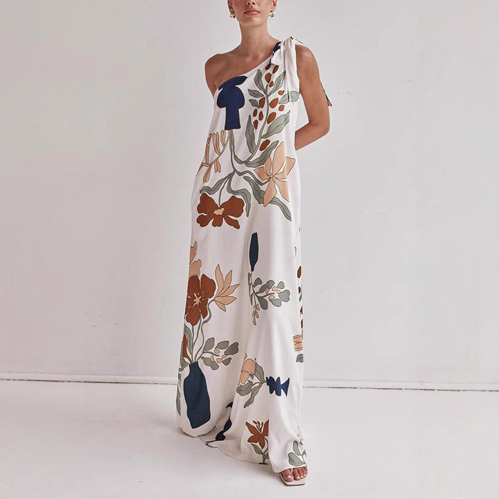 Apricot floral one-shoulder maxi dress for women, perfect for summer vacation or elegant casual chic style.