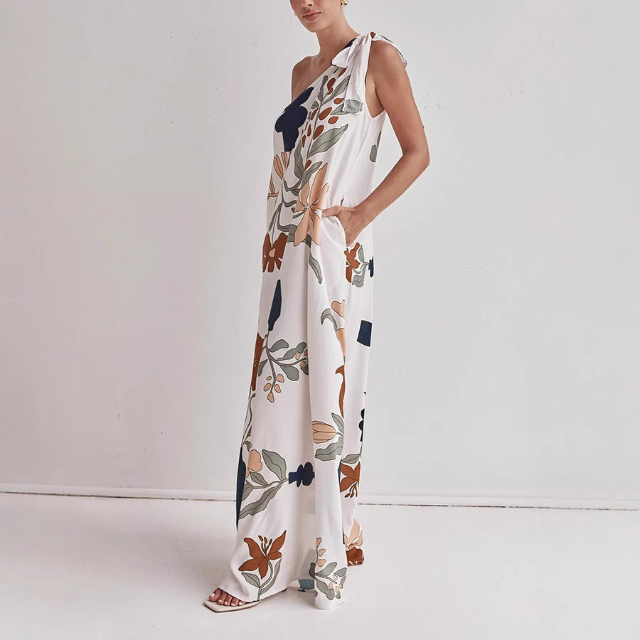 Sleeveless one-shoulder floral print maxi dress for women, ideal for summer fashion, vacation, or elegant events.