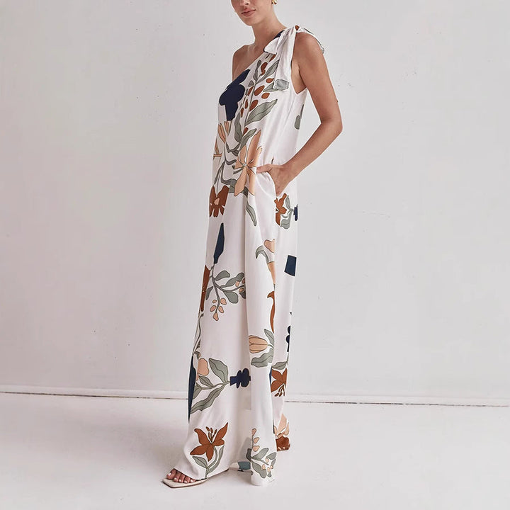 Sleeveless one-shoulder floral print maxi dress for women, ideal for summer fashion, vacation, or elegant events.