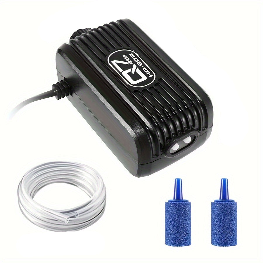 Efficient and quiet double output aquarium air pump for freshwater or saltwater aquariums, showing adjustable dial