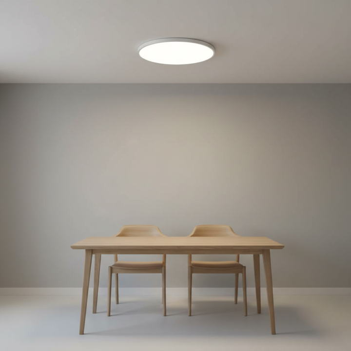 AuraSphere flat minimalist LED ceiling light for modern homes. Energy-saving indoor lighting.