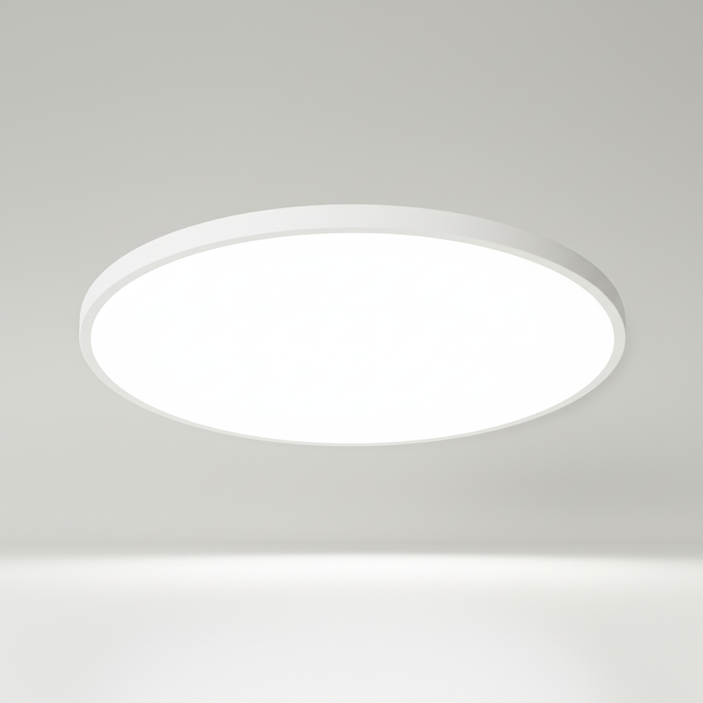 Modern AuraSphere flat LED ceiling light, perfect for living room ambiance. Minimalist design.