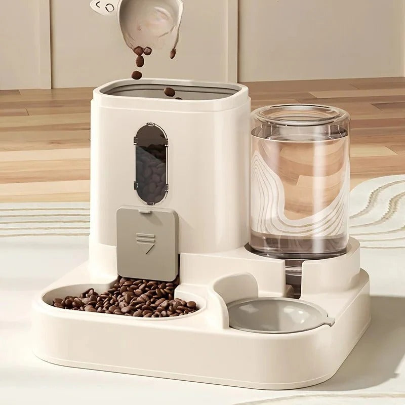 Automatic 2-in-1 pet feeder and waterer with clear food dispenser and blue water bottle, gravity fed design