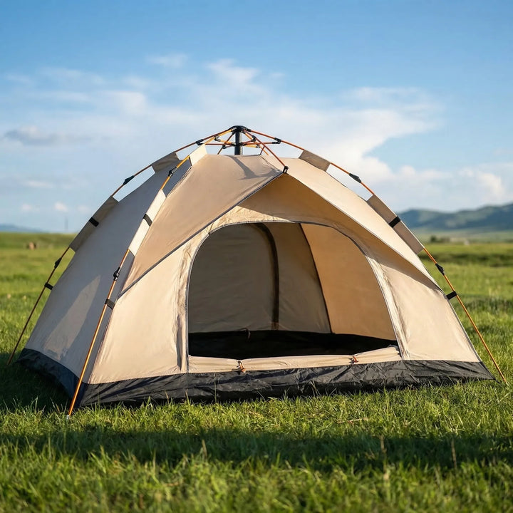 Automatic 4-person pop-up camping tent with instant setup, UV protection, & water repellent fabric.