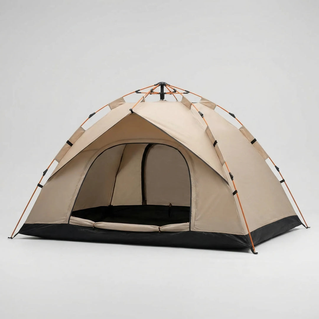 Quick setup 4-person automatic pop-up tent, ideal for camping, beach, or outdoor shelter.