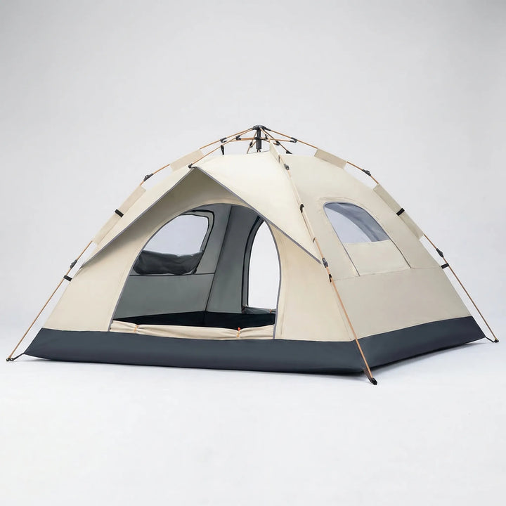 Family enjoying camping in an automatic 4-person pop-up tent, featuring quick setup & UV protection.