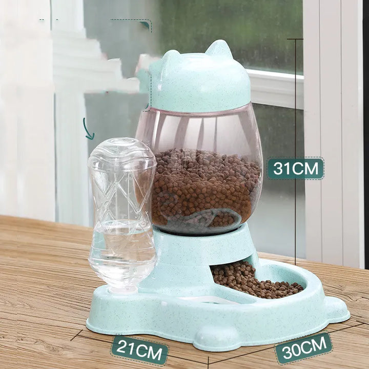 Easy-clean automatic cat food dispenser with an adorable cat design, great for pet feeding.