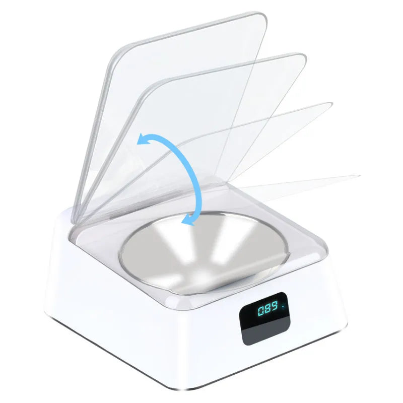 Digital automatic pet feeder showing timed meal settings, cat food dispenser