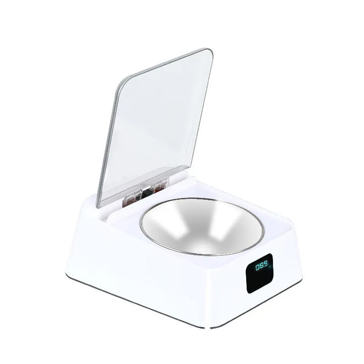 Automatic cat food dispenser with clear food reservoir, modern design, pet supplies