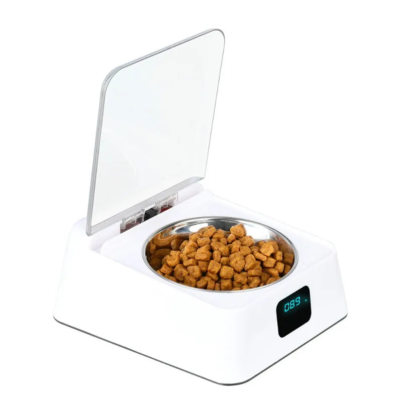 Cat feeder with digital display and control panel for scheduled feeding, pet care