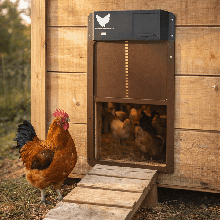 Automatic chicken coop door with light sensor for poultry, opens/closes at dawn/dusk.