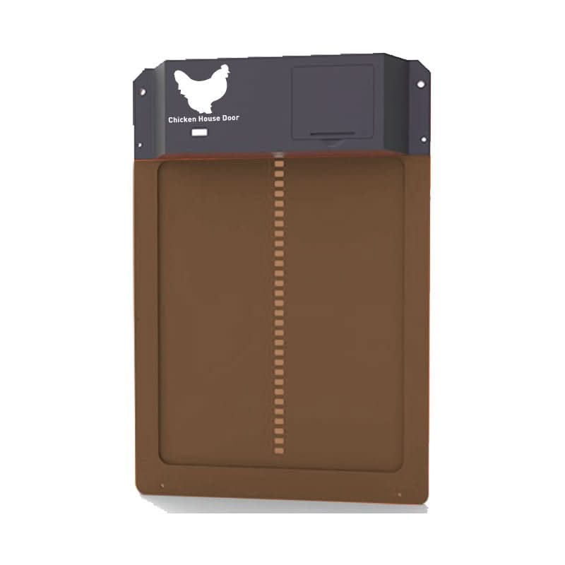 Weatherproof automatic chicken coop door with light sensor, built to protect poultry in any season.