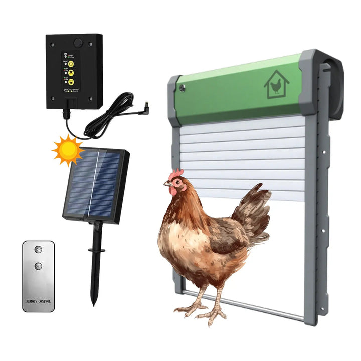 Automatic chicken coop door with remote control for easy poultry management and security.