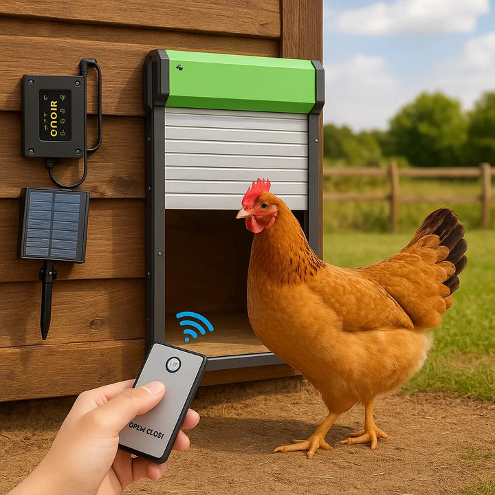 Weatherproof automatic chicken coop door with light sensor for convenience and pet safety.