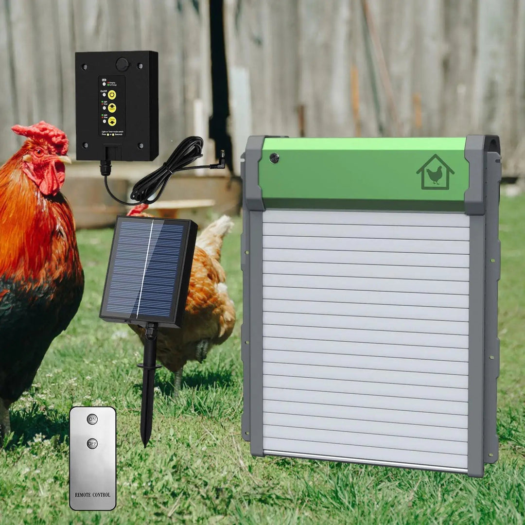 Durable automatic poultry door with remote control, ideal for backyard chicken coops.