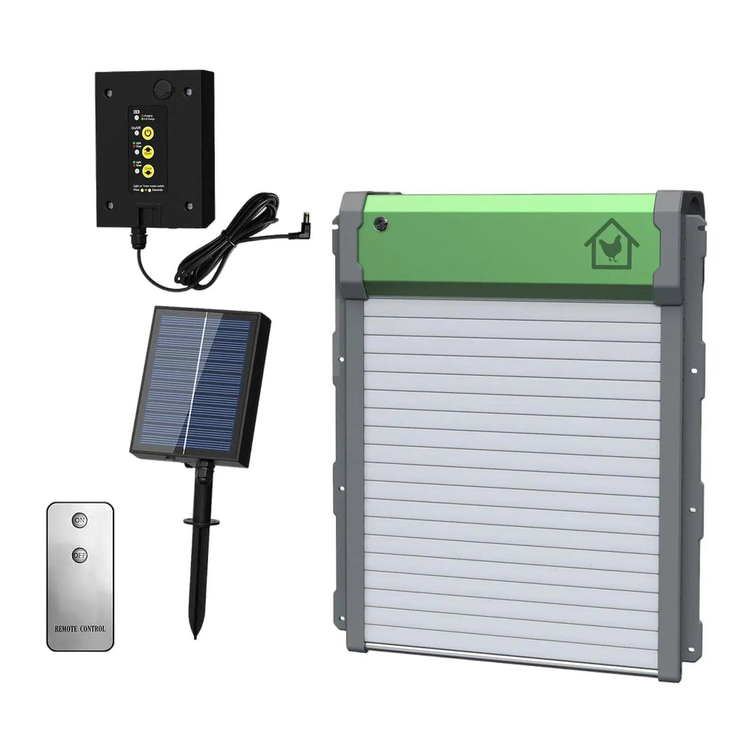 Farm supplies: Automatic chicken coop door with light sensor & remote for ultimate security.