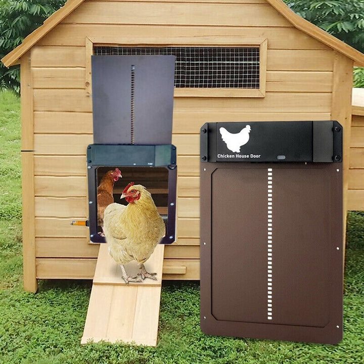 Weatherproof aluminum automatic chicken door, timer-operated for coop security