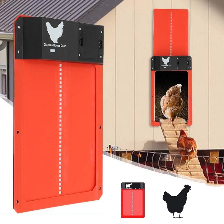 Automatic chicken coop door, grey aluminum, with visible timer for pet supplies