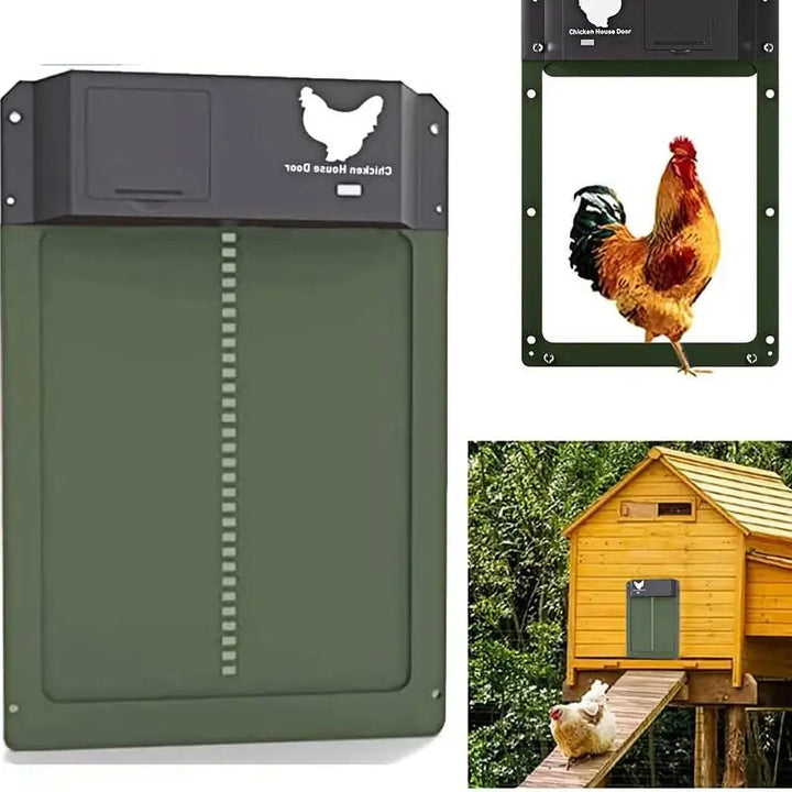 Chicken coop door featuring light sensor for automatic opening/closing, enhancing security