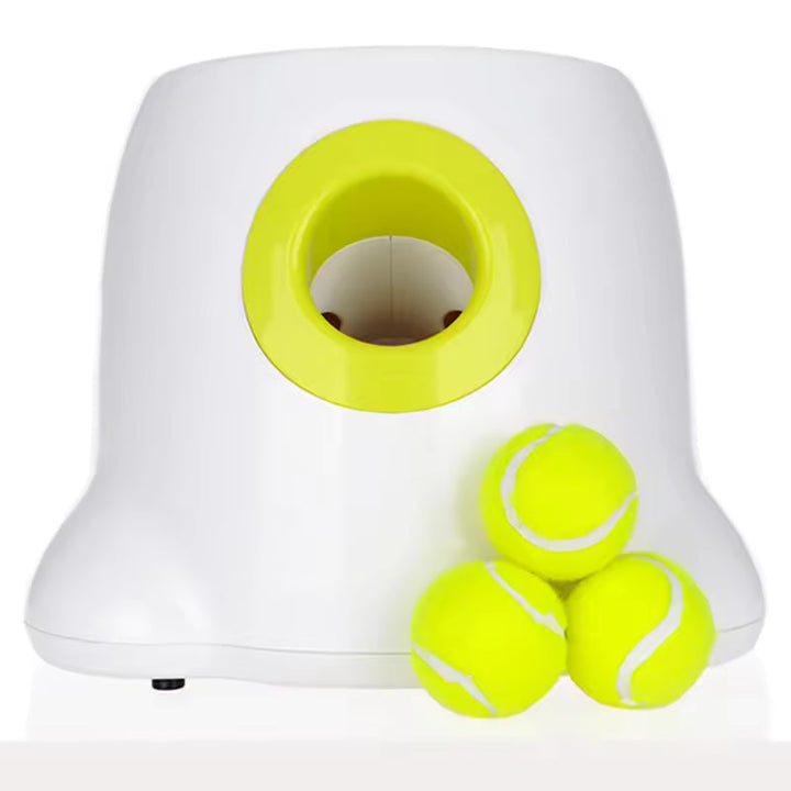Close-up of a dog ball launcher with a small tennis ball, ideal pet exercise accessory