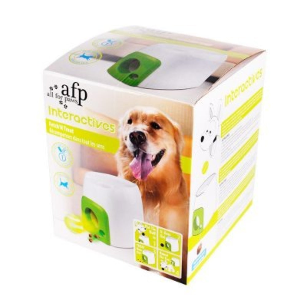 Automatic dog ball launcher training pet for fetch, also acts as a treat dispenser.