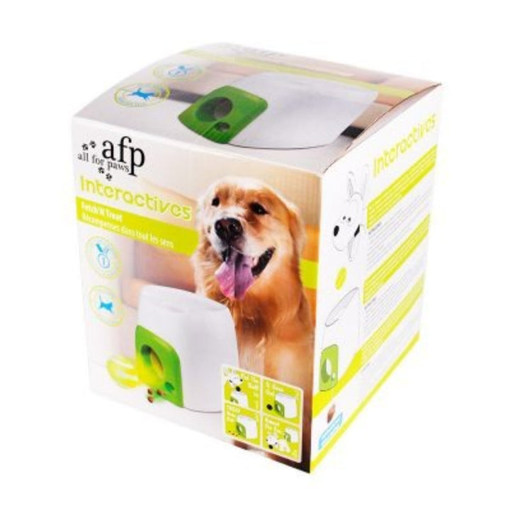 Automatic dog ball launcher training pet for fetch, also acts as a treat dispenser.